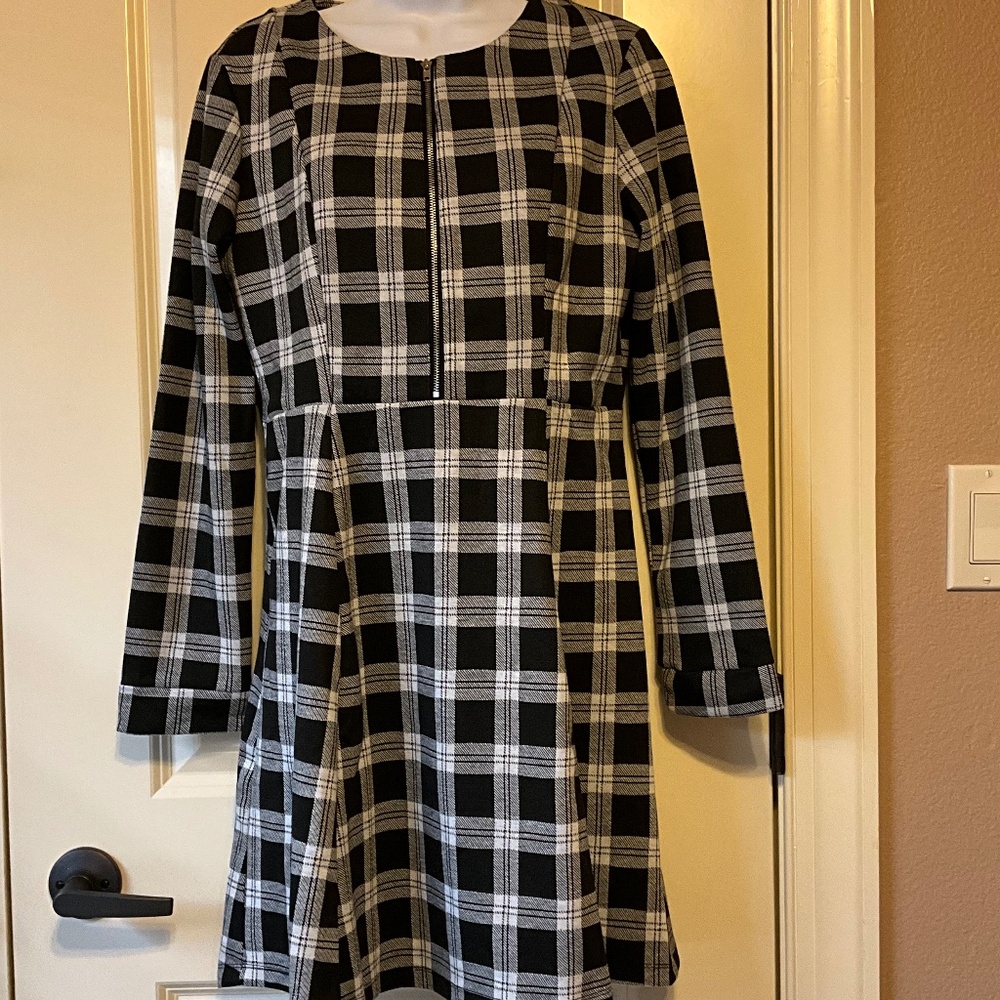 Allegra K Plaid Long Sleeve Zip Up Fit & Flare Mini Dress size Med